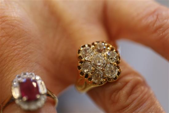 An early-mid 20th century gold and seven stone diamond cluster ring, size I.